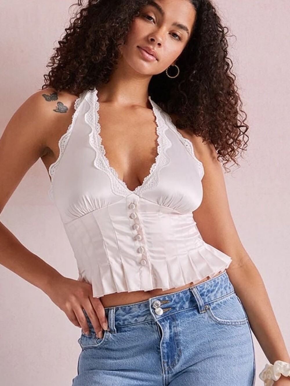 PACSUN Elegant Light Pink Satin Trin Lace Halter Top XL NWT